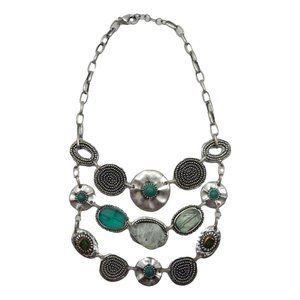Chico's Silver Bib Necklace Pale & Dark Green Mala